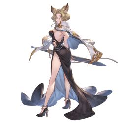 Rule 34 | 1girl, animal ears, anklet, backless dress, backless outfit, bare legs, black dress, black footwear, black gloves, blonde hair, breasts, coat, coat on shoulders, dress, elea (granblue fantasy), erune, fingerless gloves, full body, gloves, granblue fantasy, green eyes, hand on own hip, high heels, holding, holding sheath, jewelry, lips, long dress, looking at viewer, looking to the side, medium breasts, official art, parted bangs, sheath, sheathed, short hair, side slit, smile, solo, standing, strapless, strapless dress, sword, transparent background, weapon, white coat