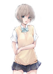 Rule 34 | 1girl, angry, black skirt, blue eyes, blue neckwear, bow, bowtie, breasts, brown hair, looking at viewer, lowres, medium breasts, open mouth, rakkuma, school uniform, shirt, short hair, short sleeves, skirt, standing, sweater vest, white background, white shirt, yellow sweater vest