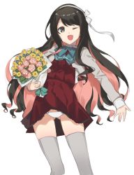Rule 34 | 1girl, 2l (2lsize), ;d, black hair, bouquet, brown eyes, fang, flower, gluteal fold, grey thighhighs, hairband, highres, holding, holding bouquet, kantai collection, long hair, long sleeves, looking at viewer, multicolored hair, naganami (kancolle), naganami kai ni (kancolle), one eye closed, open mouth, panties, pantyshot, pink hair, school uniform, simple background, smile, solo, standing, thighhighs, two-tone hair, underwear, wavy hair, white background, white hairband, white panties