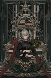 Rule 34 | 1girl, absurdres, buttons, crest, double-breasted, expressionless, flower, grey hair, gun, hair ribbon, highres, holding, holding flower, jacket, lever action, lm7 (op-center), looking at viewer, original, red eyes, ribbon, solo, symmetry, twintails, weapon, winchester model 1873