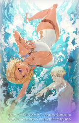 Rule 34 | 1boy, 1girl, atelier (series), atelier resleriana, barefoot, belt, blonde hair, blue eyes, blue male swimwear, bracelet, breasts, cleavage, commentary request, copyright notice, dark-skinned female, dark skin, fish, highres, jewelry, juna waitz, kodama (wa-ka-me), large breasts, male swimwear, ocean, official alternate costume, official art, one-piece swimsuit, outdoors, outstretched arm, profile, purple eyes, roman kalman, short hair, swimming, swimsuit, thigh strap, underwater, upside-down, white one-piece swimsuit