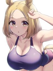 Rule 34 | 1girl, animal ears, blonde hair, blue one-piece swimsuit, breasts, brown eyes, cleavage, collarbone, competition swimsuit, cowboy shot, highres, horse ears, horse girl, horse tail, large breasts, multicolored clothes, multicolored swimsuit, narita top road (umamusume), one-piece swimsuit, pataneet, short hair, simple background, solo, swimsuit, tail, umamusume, white background
