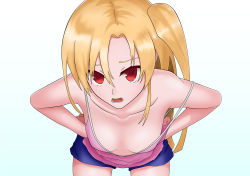 Rule 34 | 10s, 1girl, absurdres, accidental exposure, azur lane, bent over, blonde hair, breasts, cleavage, cleveland (azur lane), downblouse, gradient background, hands on own hips, highres, itnail0, long hair, looking at viewer, no bra, open mouth, red eyes, shadow, shorts, simple background, small breasts, solo, standing, strap slip, tank top