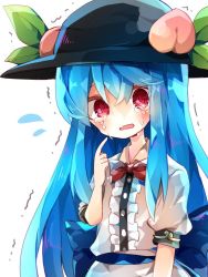Rule 34 | 1girl, blue hair, blush, bow, bowtie, crying, crying with eyes open, dress shirt, food, fruit, hat, hinanawi tenshi, leaf, long hair, looking at viewer, nikorashi-ka, parted lips, peach, puffy short sleeves, puffy sleeves, red bow, red bowtie, red eyes, shirt, short sleeves, solo, tears, touhou, trembling, upper body, wavy mouth, white shirt