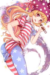 Rule 34 | 1girl, american flag dress, american flag legwear, ass, bent over, blonde hair, blush, breasts, clothes lift, clownpiece, covered erect nipples, dress, dress lift, female focus, gradient background, hat, jester cap, long hair, looking at viewer, open mouth, pantyhose, print pantyhose, qunqing, red eyes, short sleeves, small breasts, smile, solo, star (symbol), striped clothes, striped dress, touhou