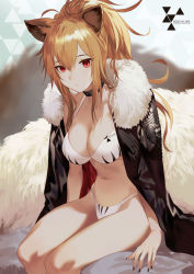 Rule 34 | 1girl, adapted costume, animal ears, arknights, bare shoulders, bikini, black choker, blonde hair, breasts, choker, cleavage, closed mouth, collar, collarbone, commentary, fur trim, hair between eyes, highleg, highleg bikini, highres, jacket, jacket on shoulders, large breasts, lion ears, lion girl, long hair, looking at viewer, nail polish, navel, ponytail, red eyes, salmon88, sidelocks, siege (arknights), sitting, solo, stomach, swimsuit, thighs, white bikini, white fur