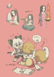 Rule 34 | 1girl, 2boys, ?, animal ears, black footwear, black hair, black pants, brown hair, cat boy, cat ears, cat tail, fire, flute, fox ears, fox girl, fox tail, frying pan, highres, instrument, kneeling, long hair, luo xiaohei, luo xiaohei (human), luo xiaohei zhanji, mugi-co, multiple boys, multiple views, music, no nose, pants, pink background, playing instrument, red footwear, red pants, rice, ruoshui (the legend of luoxiaohei), scroll, shoes, short hair, short sleeves, simple background, sparkle, tail, white hair, wuxian (the legend of luoxiaohei)