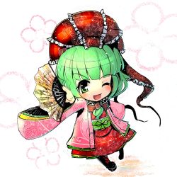 Rule 34 | 1girl, absurdres, boots, bow, chibi, female focus, flower, front ponytail, full body, green eyes, green hair, hair bow, hair ornament, hair ribbon, hand fan, highres, japanese clothes, kagiyama hina, long hair, looking at viewer, matching hair/eyes, one eye closed, open mouth, ribbon, simple background, smile, solo, touhou, umigarasu (kitsune1963), white background, wink