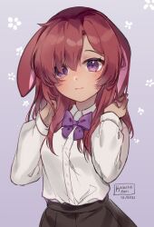 Rule 34 | 1girl, animal ears, black skirt, blush, bow, brown hair, closed mouth, collared shirt, commentary, copyright request, dated, dress shirt, english commentary, floral background, grey background, hair over one eye, kobutanori, long hair, long sleeves, looking at viewer, pleated skirt, purple bow, purple eyes, rabbit ears, shirt, signature, simple background, skirt, solo, white shirt