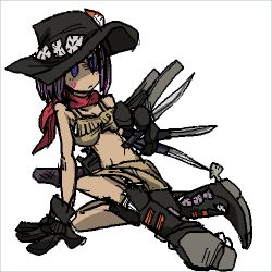 Rule 34 | 1girl, april (slap happy rhythm busters), between fingers, bikini, bikini top only, black gloves, boots, breasts, brown hair, cowboy boots, cowboy hat, facial mark, fringe trim, gloves, hat, holding, knife, lowres, midriff, purple eyes, red scarf, scarf, short hair, slap happy rhythm busters, solo, spurs, swimsuit, tomatojam
