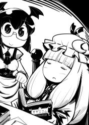 Rule 34 | bat wings, bespectacled, blanket, blunt bangs, blush, book, breasts, chair, closed eyes, covering with blanket, crescent, dress shirt, framed breasts, glasses, greyscale, hat, head wings, holding, holding book, juliet sleeves, koakuma, long hair, long sleeves, looking at viewer, maru-sun, monochrome, multiple girls, necktie, open book, patchouli knowledge, puffy sleeves, shirt, short hair, sidelocks, sitting, sleeping, smile, table, touhou, vest, wings