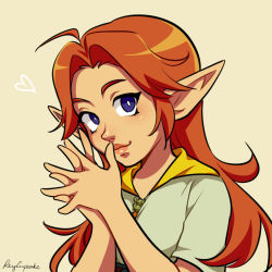 Rule 34 | 1girl, antenna hair, artist name, blue eyes, closed mouth, collared dress, dress, eyelashes, female focus, fingernails, hands up, happy, heart, long hair, looking at viewer, malon, neck, nintendo, orange hair, own hands together, parted bangs, pointy ears, reycupcake, shiny skin, sidelocks, simple background, smile, standing, the legend of zelda, the legend of zelda: ocarina of time, two-tone dress, upper body, yellow background