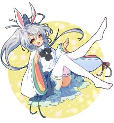 Rule 34 | 1girl, animal ears, black ribbon, blue skirt, breasts, commentary request, fake animal ears, green ribbon, grey hair, hat, japanese clothes, kamome, kariginu, long hair, mononobe no futo, neck ribbon, no shoes, open mouth, pleated skirt, rabbit ears, red ribbon, ribbon, ribbon-trimmed legwear, ribbon-trimmed sleeves, ribbon trim, side ponytail, skirt, small breasts, smile, solo, tate eboshi, thighhighs, thighs, touhou, white ribbon, white thighhighs, wide sleeves, yellow eyes