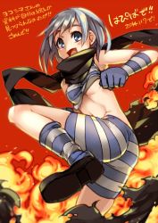 Rule 34 | 1girl, ass, bike shorts, black scarf, breasts, gloves, kaida michi, open mouth, scarf, short hair, small breasts, smile, solo, striped bike shorts, striped clothes, striped gloves, tank top, translation request