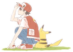 Rule 34 | 1990s (style), 1boy, absurdres, baseball cap, black eyes, black hair, blue pants, collared jacket, commentary, creatures (company), from behind, from side, game freak, gen 1 pokemon, grass, hand on ground, hand on headwear, hat, highres, holding, holding poke ball, jacket, male focus, nintendo, on grass, pants, pikachu, pocket, poke ball, poke ball (basic), pokemon, pokemon (creature), pokemon rgby, red (pokemon), red footwear, red hat, red jacket, retro artstyle, short hair, short sleeves, simple background, sitting, spiked hair, squatting, white background, yuu choko