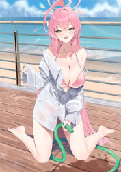 Rule 34 | 1girl, ahoge, barefoot, beach, bikini, blue archive, blue sky, bow, breasts, cirilla lin, cleavage, cloud, cloudy sky, collarbone, feet, green eyes, hair between eyes, hair bow, hair intakes, halo, hanako (blue archive), hanako (swimsuit) (blue archive), highres, holding, holding hose, hose, kneeling, large breasts, legs, long hair, long sleeves, looking at viewer, no pants, ocean, off shoulder, open mouth, outdoors, pier, pink bikini, pink hair, pink halo, shirt, sky, sleeves past wrists, smile, solo, swimsuit, teeth, thighs, toes, white bow, white shirt, wooden floor
