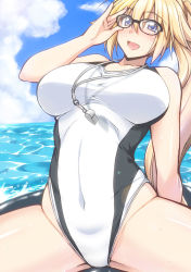Rule 34 | 1girl, blonde hair, blue eyes, blue sky, breasts, cloud, competition swimsuit, covered navel, day, fate (series), glasses, highleg, highleg swimsuit, jeanne d&#039;arc (fate), jeanne d&#039;arc (ruler) (fate), jeanne d&#039;arc (swimsuit archer) (fate), jeanne d&#039;arc (swimsuit archer) (second ascension) (fate), large breasts, mikagami sou, one-piece swimsuit, open mouth, ponytail, sitting, sky, solo, spread legs, swimsuit, water, whistle, whistle around neck, white one-piece swimsuit