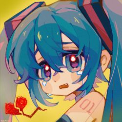 Rule 34 | arm tattoo, artist name, blue eyes, blue hair, broken heart, close-up, crying, fang, hatsune miku, heart, highres, number tattoo, sad, suuroku, tattoo, tears, twintails, vocaloid, yellow background