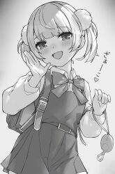Rule 34 | 1girl, backpack, bag, belt, blush, bow, bowtie, child, commentary, crime prevention buzzer, dress, eyelashes, flat chest, greyscale, hair ornament, half-closed eyes, hand up, heart, highres, indie virtual youtuber, kaguya (srx61800), long sleeves, looking at viewer, medium hair, monochrome, open mouth, pom pom (clothes), pom pom hair ornament, shigure ui (vtuber), shigure ui (vtuber) (young), shirt, shukusei!! loli-gami requiem, sidelocks, smile, solo, translation request, twintails, virtual youtuber, wing collar