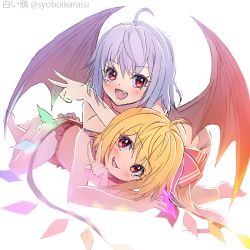 Rule 34 | 2girls, :d, ahoge, anklet, barefoot, bat wings, bikini, blonde hair, crystal, flandre scarlet, jewelry, lying, multiple girls, on stomach, open mouth, red eyes, remilia scarlet, shiroi karasu, siblings, simple background, sisters, smile, swimsuit, touhou, v, white background, wings