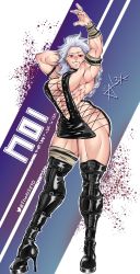 Rule 34 | 1girl, abs, alternate costume, arm up, boots, breasts, dorohedoro, female focus, gothic fashion, high heel boots, high heels, highres, large breasts, long hair, looking down, muscular, muscular female, noi (dorohedoro), red eyes, smile, solo, thigh boots, thighhighs, white hair