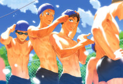 Rule 34 | 5boys, abe takaya, abs, adam&#039;s apple, ass, blue male swimwear, blue school swimsuit, blue sky, blue swim trunks, blurry, brown eyes, brown hair, buzz cut, chain-link fence, cloud, da kata, day, depth of field, drawstring, dripping, fence, goggles, grey hair, hanai azusa, hand on own hip, height difference, male focus, male school swimsuit, male swimwear, multiple boys, muscular, navel, nipples, one eye closed, ookiku furikabutte, open mouth, realistic, short hair, sky, soft focus, sunlight, swim cap, swim trunks, swimsuit, tan, tanline, tongue, topless male, tree, very short hair, wet, wince