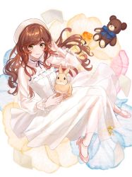 Rule 34 | 1girl, absurdres, animal, animal on lap, brown eyes, brown hair, character request, dress, full body, gabi&#039;s room, high heels, highres, on lap, pink footwear, rabbit, see-through, see-through sleeves, shiraho (m shiraho), sitting, solo, stuffed animal, stuffed toy, teddy bear, transparent background, white dress, white headwear