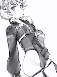 Rule 34 | 1girl, alice gear aegis, bad id, bad pixiv id, blush, closed mouth, cowboy shot, cropped jacket, dutch angle, greyscale, hand on own hip, highres, kotomura akane, long sleeves, looking at viewer, low twintails, medium hair, monochrome, nanashi (nlo), simple background, solo, standing, twintails, white background