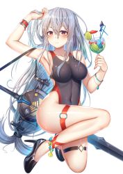 Rule 34 | 1girl, absurdres, arknights, arm up, armpits, bare arms, bare legs, bare shoulders, black footwear, black one-piece swimsuit, blush, breasts, commentary, competition swimsuit, covered navel, cup, cupping glass, drinking straw, food, fruit, hair between eyes, high heels, highres, holding, holding cup, kishita yuu, lime (fruit), lime slice, long hair, looking at viewer, low-tied long hair, medium breasts, no headwear, o-ring, one-piece swimsuit, parted lips, red eyes, silver hair, simple background, skadi (arknights), solo, swimsuit, sword, thigh strap, thighs, very long hair, weapon, white background