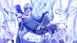Rule 34 | 1boy, belt, black choker, blue eyes, blue hair, ch4nge (cevio), chair, choker, collarbone, crossed legs, earrings, fang, hair between eyes, highres, holding, holding megaphone, jewelry, kaito (vocaloid), liquid, long sleeves, looking at viewer, male focus, megaphone, microphone, microphone stand, nail polish, nokuhashi, on chair, open mouth, pants, piercing, shirt, short hair, sitting, solo, strap, sunglasses, teeth, tongue, tongue piercing, vocaloid