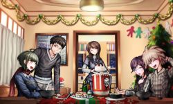 Rule 34 | 2boys, 3girls, :d, ahoge, blue sweater, bowl, braid, brown hair, cake, christmas tree, closed eyes, closed mouth, collared shirt, commentary, danganronpa: trigger happy havoc, danganronpa (series), danganronpa another episode: ultra despair girls, english commentary, family, food, fukawa toko, grey shirt, hat, indoors, kfc, long hair, long sleeves, mole, mole under mouth, multiple boys, multiple girls, naegi komaru, naegi makoto, open mouth, parent and child, plate, red headwear, red scarf, round eyewear, santa hat, scarf, shirt, short hair, siblings, sitting, smile, standing, sushi, sweater, table, teeth, titantwins, upper teeth only