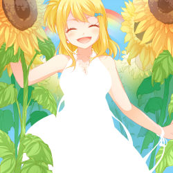 Rule 34 | 1girl, ^ ^, blonde hair, dress, earrings, closed eyes, fairy tail, flower, hair ornament, hairclip, happy, jewelry, long hair, lucy heartfilia, rainbow, side ponytail, smile, solo, strib und werde, sunflower