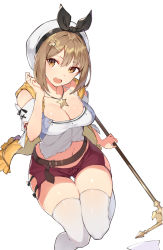 Rule 34 | 1girl, atelier (series), atelier ryza, atelier ryza 1, belt, beret, blush, breasts, brown belt, brown eyes, cleavage, commentary request, from above, hair ornament, hairclip, hat, highres, jacket, jewelry, large breasts, leather belt, looking up, navel, necklace, red shorts, reisalin stout, rikoma, scepter, short shorts, shorts, simple background, sitting, sleeveless, sleeveless jacket, smile, solo, star (symbol), star necklace, thighhighs, thighs, white hat, white thighhighs, yellow jacket