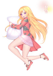 Rule 34 | 1girl, blonde hair, blush, braid, commentary, commission, dress, english commentary, highres, holding, holding pillow, jacket, kneepits, long hair, looking at viewer, hugging object, open clothes, open jacket, open mouth, original, parted lips, pillow, pillow hug, pink dress, purple eyes, red footwear, red jacket, sandals, short dress, simple background, siun, solo, star-shaped pupils, star (symbol), symbol-shaped pupils, white background