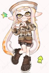 Rule 34 | 1girl, artist name, bike shorts, black shorts, blonde hair, brown sweater, closed mouth, commentary, dot nose, eyelashes, full body, hat, highres, inkling, inkling girl, inkling player character, lemo (lemo 4), long hair, looking at viewer, nintendo, sailor hat, sample watermark, shoes, shorts, smile, solo, splatoon (series), standing, standing on one leg, sweater, symbol-only commentary, thick eyebrows, twitter username, very long hair, watermark, white background, white hat, yellow eyes, yellow footwear