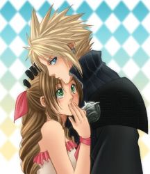 Rule 34 | 1990s (style), 1boy, 1girl, aerith gainsborough, black gloves, blonde hair, blue eyes, bow, brown hair, cloud strife, earrings, final fantasy, final fantasy vii, final fantasy vii advent children, gloves, green eyes, hair bow, hand over mouth, hand to own mouth, hetero, hug, jewelry, kingdom hearts, kingdom hearts ii, retro artstyle, ribbon, spiked hair, turtleneck, zipper