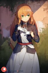 Rule 34 | 1girl, black jacket, blush, bolt action, brown hair, closed mouth, collared shirt, commentary, day, english commentary, girls&#039; frontline, gloves, green eyes, hair between eyes, hentaki, highres, jacket, light smile, long hair, looking away, looking to the side, m1903 springfield, name connection, neck ribbon, object namesake, outdoors, red ribbon, removing glove, ribbon, rifle, shirt, skirt, solo, springfield (girls&#039; frontline), standing, two side up, watermark, web address, white gloves, white shirt, white skirt