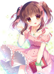 Rule 34 | 10s, 1girl, :d, bare shoulders, blush, book, breasts, brown eyes, brown hair, buttons, clover, collarbone, cowboy shot, dress, floral background, flower, four-leaf clover, frilled dress, frills, hair flower, hair ornament, hair ribbon, holding, holding book, idolmaster, idolmaster cinderella girls, idolmaster cinderella girls starlight stage, jewelry, looking at viewer, necklace, ogata chieri, open mouth, pink dress, ribbon, sidelocks, small breasts, smile, solo, two side up, wind, wind lift, wristband, yukie (peach candy)