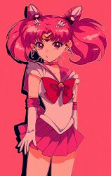 Rule 34 | 1girl, back bow, bishoujo senshi sailor moon, bow, bowtie, brooch, chibi usa, choker, circlet, cone hair bun, cowboy shot, double bun, earrings, elbow gloves, gloves, hair bun, hair ornament, heart, heart brooch, heart choker, highres, jewelry, looking at viewer, miniskirt, pink background, pink hair, pink sailor collar, pink skirt, pleated skirt, red bow, red bowtie, red eyes, rumic 0620, sailor chibi moon, sailor collar, sailor senshi, sailor senshi uniform, short hair, short sleeves, short twintails, skirt, solo, stud earrings, twintails, white gloves