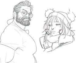 Rule 34 | 1boy, 1girl, absurdres, bara, beard, character request, facial hair, from side, full beard, glasses, greyscale, highres, large pectorals, liyamou, looking at viewer, mature male, metal gear (series), metal gear solid v: the phantom pain, monochrome, muscular, muscular male, pectorals, shirt, sketch, t-shirt, thick beard, thick eyebrows, upper body, wrinkled skin