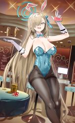 Rule 34 | 1girl, :d, absurdres, alcohol, animal ears, aqua bow, aqua bowtie, aqua leotard, aqua ribbon, asuna (blue archive), asuna (bunny) (blue archive), bad id, bad pixiv id, bare arms, bare shoulders, black pantyhose, blonde hair, blue archive, blue eyes, bow, bowtie, breasts, card, casino, ceiling light, champagne, cleavage, coin, commentary, cup, deck of cards, detached collar, dice, eyes visible through hair, fake animal ears, glass, gloves, gold coin, hair over one eye, hair ribbon, halo, highleg, highleg leotard, highres, holding, holding tray, indoors, leotard, light brown hair, long hair, looking at viewer, mole, mole on breast, no bra, official alternate costume, open mouth, pantyhose, playboy bunny, ribbon, ryoma (rym 369), shiny clothes, smile, solo, sparkle, stool, strapless, strapless leotard, table, teeth, thick thighs, thighs, tray, upper teeth only, very long hair, w, white gloves