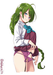 Rule 34 | 1girl, ahoge, blue eyes, blush, bow, bowtie, braid, breasts, dress, ebifurya, from side, garter belt, garter straps, green hair, groin, halterneck, highres, kantai collection, lifting own clothes, lingerie, long hair, medium breasts, mole, mole under mouth, panties, panty pull, pink lips, purple panties, school uniform, shirt, simple background, single braid, sleeveless, sleeveless dress, sleeves past wrists, smile, solo, twitter username, underwear, very long hair, white background, white shirt, yuugumo (kancolle)