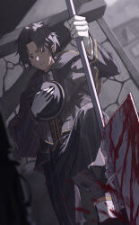 Rule 34 | 1boy, absurdres, axe, black capelet, black jacket, blood, bloody weapon, brown eyes, brown hair, capelet, collared shirt, gold trim, hat, heathcliff (project moon), highres, holding, holding axe, holding clothes, holding hat, jacket, limbus company, long sleeves, looking down, male focus, murder, necktie, outdoors, pants, pinstripe jacket, pinstripe pants, pinstripe pattern, project moon, purple necktie, shirt, sinlu, solo, unworn hat, unworn headwear, weapon, white shirt
