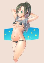 Rule 34 | 1girl, arms up, bikini, breasts, expressionless, female focus, green eyes, highres, micro bikini, mitake eil, multicolored hair, navel, original, ponytail, signature, solo, swimsuit