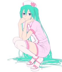 Rule 34 | 1girl, blue eyes, buttons, cross, dress, feet, fingernails, frilled thighhighs, frills, full body, gloves, green hair, hat, hatsune miku, head rest, high heels, light smile, long hair, looking at viewer, nail polish, nurse, nurse cap, red cross, sandals, shoes, short dress, simple background, smile, smirk, solo, squatting, thighhighs, toenail polish, toenails, toes, twintails, very long hair, vocaloid, white background, white thighhighs, wokada