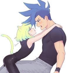 Rule 34 | 2boys, androgynous, animal ears, asymmetrical hair, black shirt, blue eyes, blue hair, blush, cat boy, cat ears, cat tail, galo thymos, green hair, grey legwear, highres, hood, hood down, kome 1022, lio fotia, looking at another, male focus, mohawk, multiple boys, on lap, open mouth, pants, profile, promare, purple eyes, shirt, short hair, sidecut, simple background, size difference, sweatdrop, sweatpants, tail, tongue, tongue out, undercut, white background, yaoi