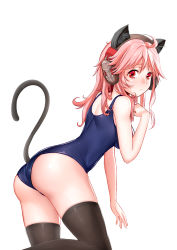 Rule 34 | 1girl, absurdres, ahoge, animal ears, ass, black thighhighs, blush, breasts, cat ears, cat girl, cat tail, female focus, headphones, highres, long hair, onceskylark, pink hair, red eyes, school swimsuit, simple background, solo, swimsuit, tail, thighhighs, thighs, tirpitz (warship girls r), warship girls r, white background