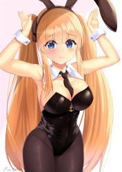 Rule 34 | 1girl, absurdres, ardent (azur lane), ardent (master ardent?) (azur lane), armpits, arms up, azur lane, between breasts, blonde hair, blue eyes, blush, breasts, cleavage, headband, highres, large breasts, leotard, long hair, looking at viewer, official alternate costume, pantyhose, pinesphere, playboy bunny, rabbit pose, simple background, smile, solo, twintails, white background