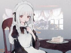 Rule 34 | 1girl, apron, bad id, bad twitter id, black bow, black bowtie, black dress, black ribbon, blush, bow, bowtie, brown eyes, cake, cake slice, chair, commission, curtains, dress, eating, food, food on face, fork, hair ribbon, highres, long hair, maid, maid apron, maid headdress, original, photo background, plate, ribbon, sitting, solo, table, upper body, utensil in mouth, white apron, white hair, window, yorunogumo