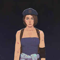 Rule 34 | 1girl, alina rin, arms at sides, backpack, bag, beret, breasts, brown hair, clothes around waist, cosplay, dark background, elbow pads, hat, igor levchuk, jill valentine, jill valentine (cosplay), looking at viewer, resident evil, shirt, shirt around waist, short hair, solo, strapless